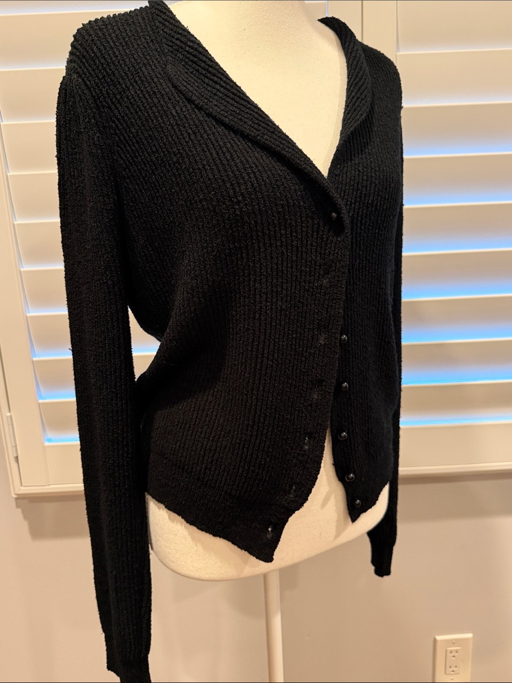 Vintage Black Button-Front Knit Ribbed Cardigan